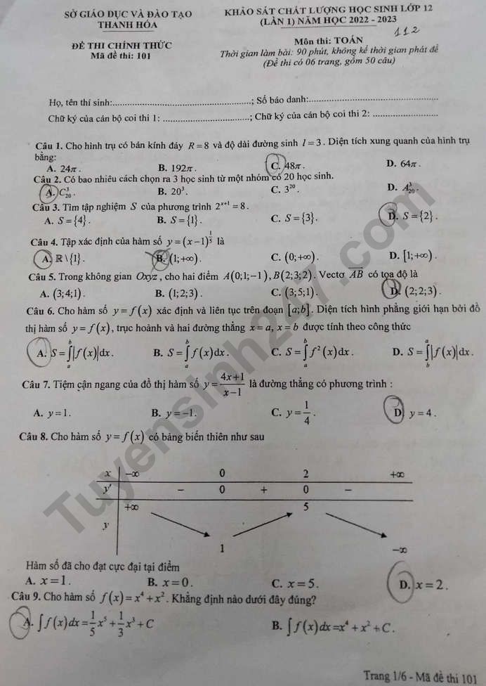 Đề thi thử tốt nghiệp THPT môn Toán năm 2023 - Ảnh 1.
