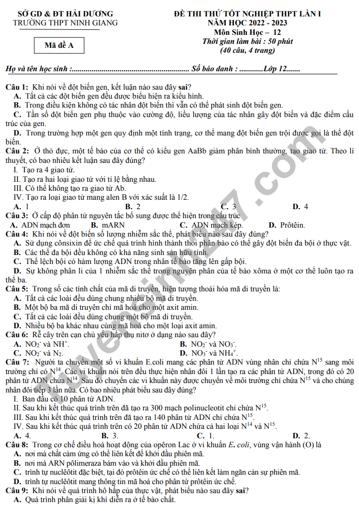 Đề thi thử tốt nghiệp THPT môn Sinh học năm 2023 - Ảnh 2.