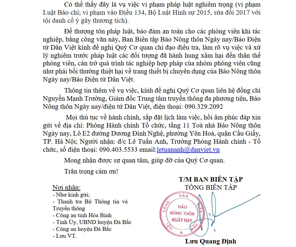 Báo NTNN/Dân Việt đề nghị các cơ quan chức năng vào cuộc làm rõ vụ phóng viên bị hành hung tại Đà Bắc (Hoà Bình) - Ảnh 2.