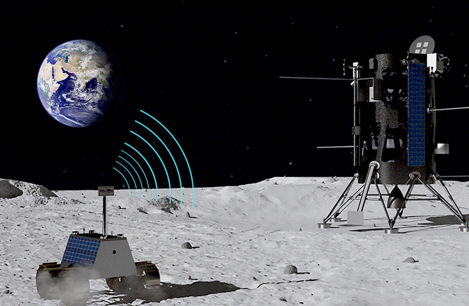 Mạng sẽ được cung cấp bởi một trạm cơ sở được trang bị ăng-ten được lưu trữ trong tàu đổ bộ mặt trăng Nova-C do công ty vũ trụ Intuitive Machines của Hoa Kỳ thiết kế, cũng như bởi một xe tự hành chạy bằng năng lượng mặt trời đi kèm. Ảnh: @AFP.