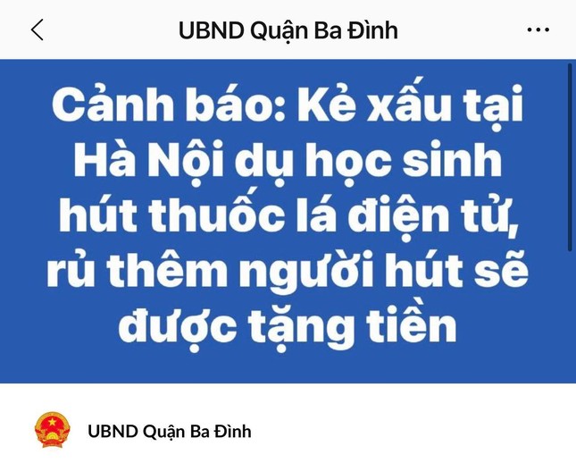 Hà Nội cảnh báo thủ đoạn dụ học sinh hút thuốc lá điện tử được tặng tiền  - Ảnh 1.