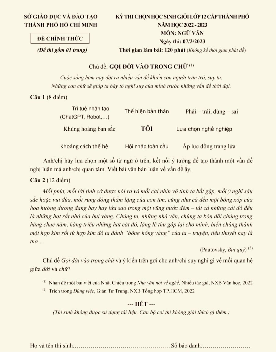 Đề thi chọn học sinh giỏi Văn lớp 12 tại TP.HCM được nhiều giáo viên thích thú - Ảnh 1.