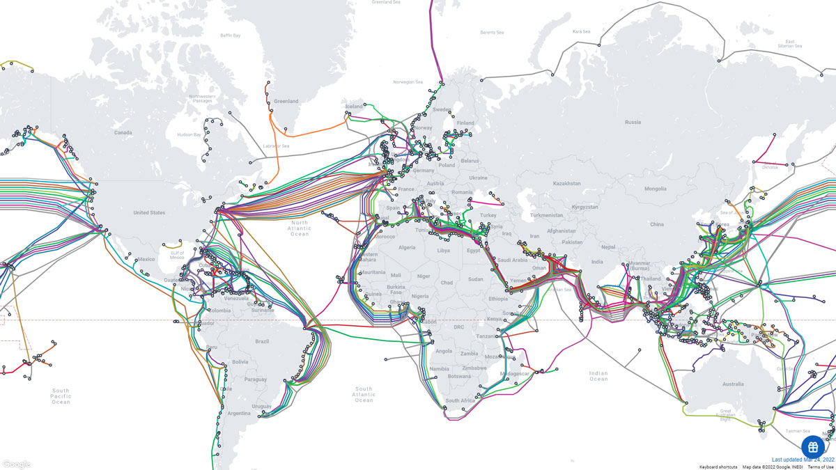 Bản đồ cáp ngầm trên thế giới.