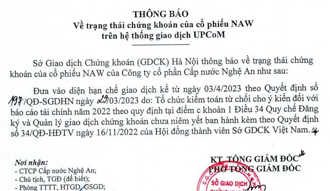 Cổ phiếu VAW của Công ty cấp nước Nghệ An vừa bị hạn chế giao dịch - Ảnh 1.