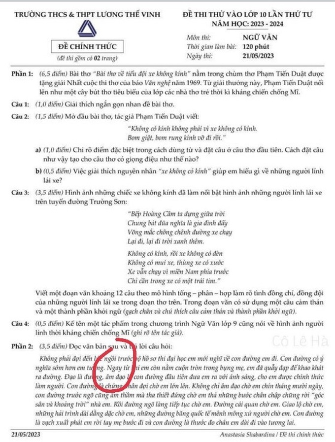 Lan truyền đề thi văn &quot;nhạy cảm&quot;, trường Lương Thế Vinh &quot;phản pháo&quot; - Ảnh 2.