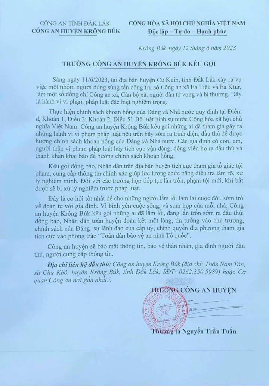 Vụ tấn công bằng súng tại Đắk Lắk: Công an huyện Krông Búk kêu gọi người dân tố giác tội phạm - Ảnh 1.