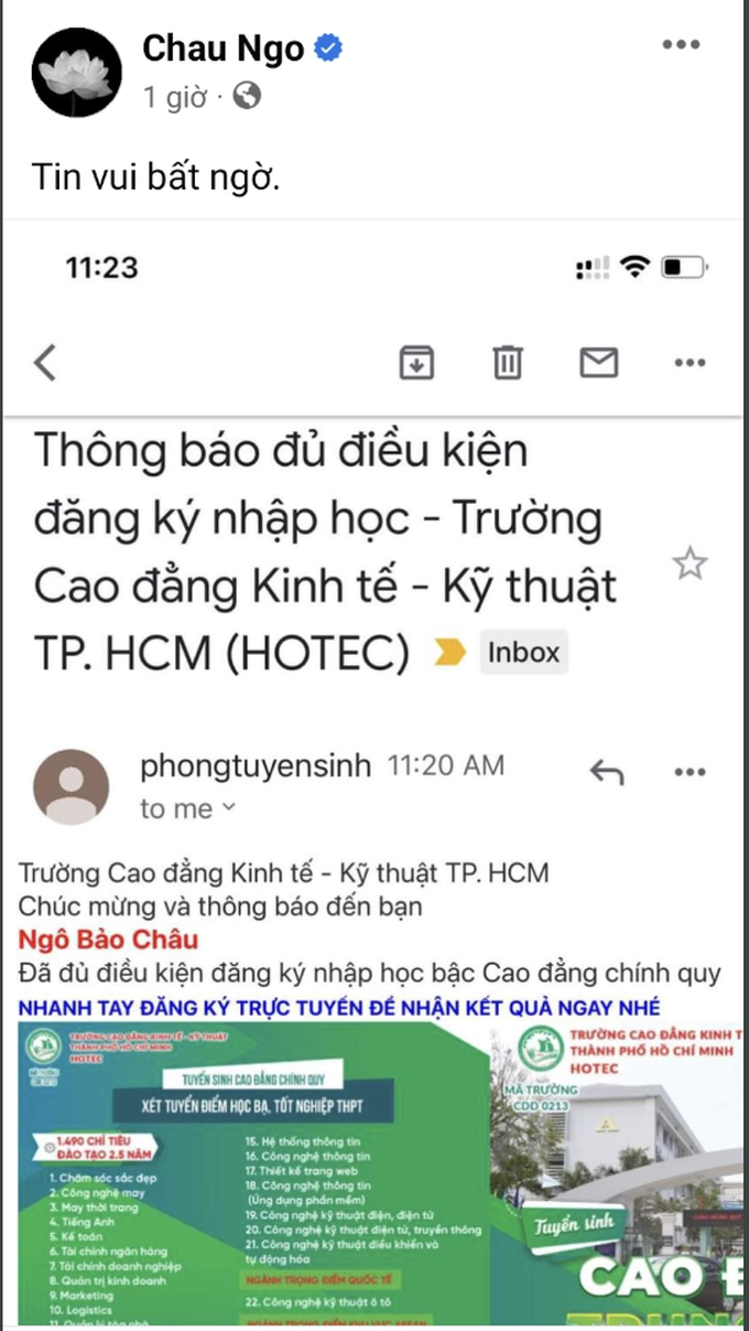 GS Ngô Bảo Châu thông báo &quot;tin vui bất ngờ&quot; vì trúng tuyển vào trường cao đẳng tại TP.HCM - Ảnh 1.