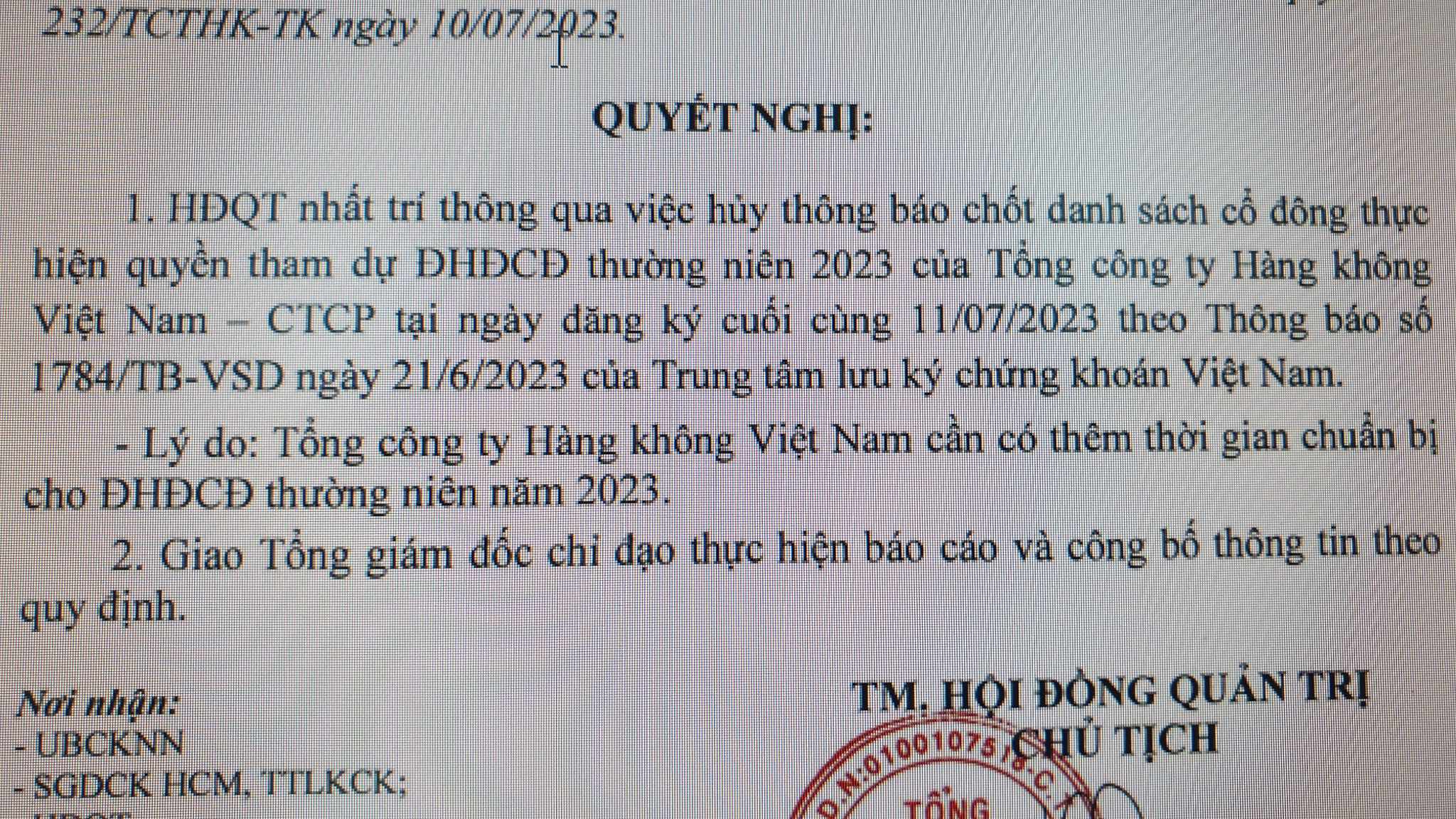 Vietnam Airlines bất ngờ hủy chốt danh sách cổ đông tham dự ĐHCĐ thường niên năm 2023 - Ảnh 1.