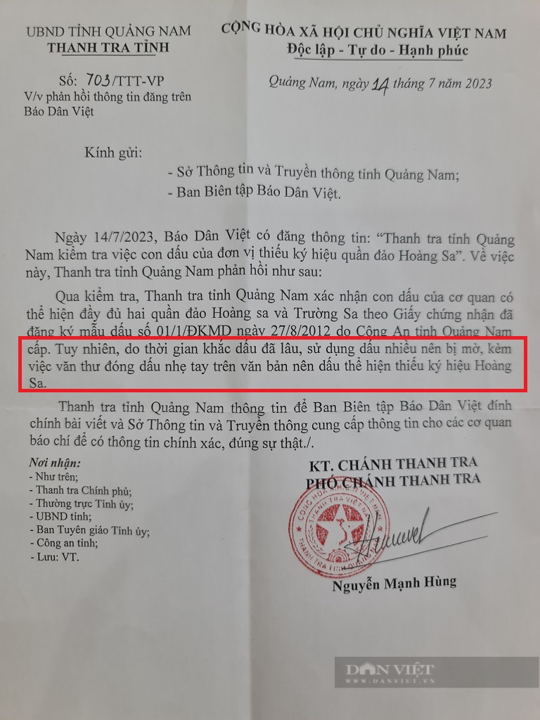 Thanh tra tỉnh Quảng Nam &quot;thừa nhận&quot; con dấu đóng trong văn bản phát hành thiếu ký hiệu quần đảo Hoàng Sa - Ảnh 2.