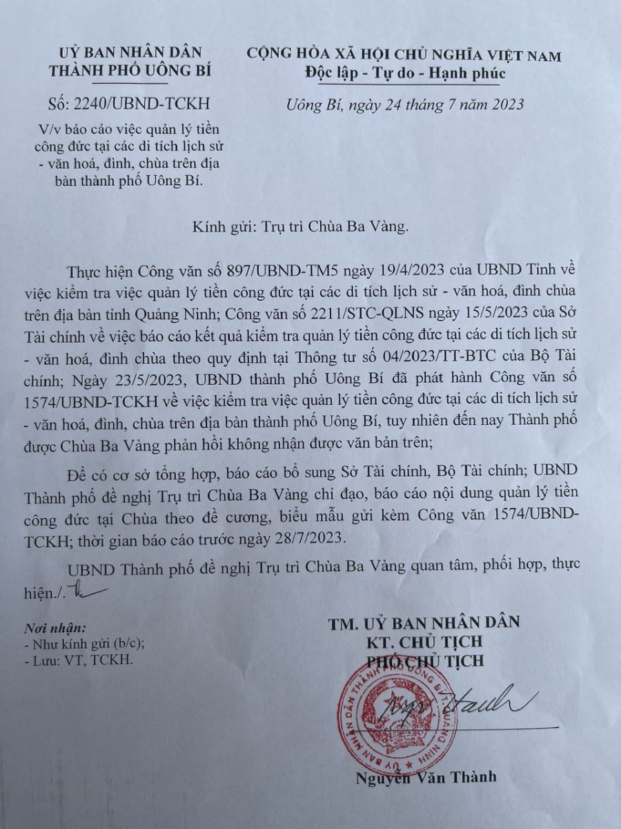 UBND TP Uông Bí (Quảng Ninh) đề nghị chùa Ba Vàng báo cáo bổ sung công tác quản lý tiền công đức - Ảnh 3.