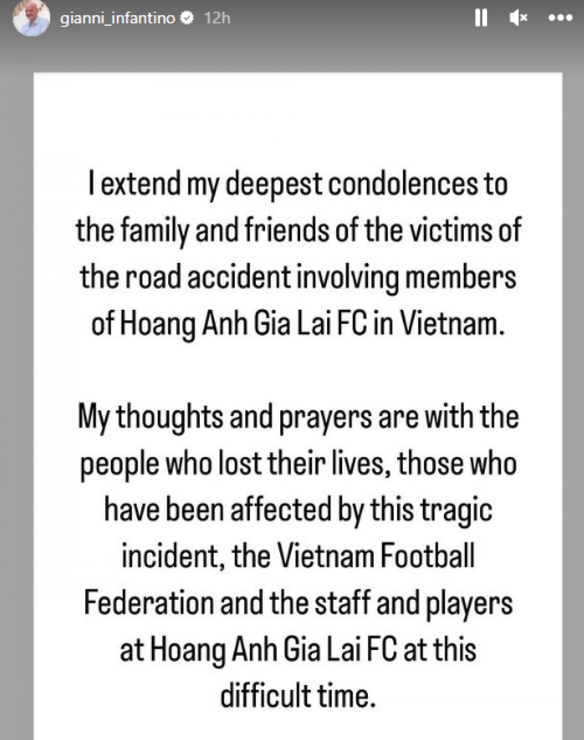 Chủ tịch FIFA chia buồn với CLB HAGL về vụ tai nạn khiến 3 thành viên qua đời - Ảnh 2.