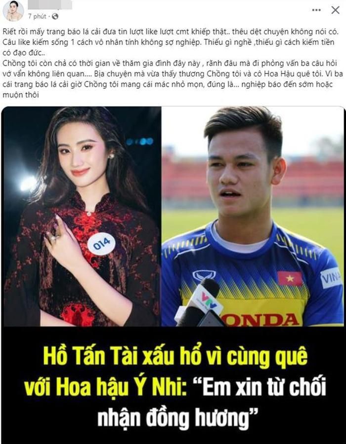 Vợ cầu thủ Hồ Tấn Tài phản ứng vì chồng bị tung tin liên quan đến Hoa hậu Ý Nhi - Ảnh 1.