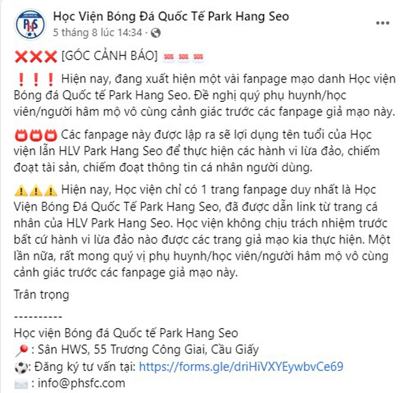 Tin tối (7/8): Học viện bóng đá của thầy Park bị kẻ xấu mạo danh - Ảnh 1.