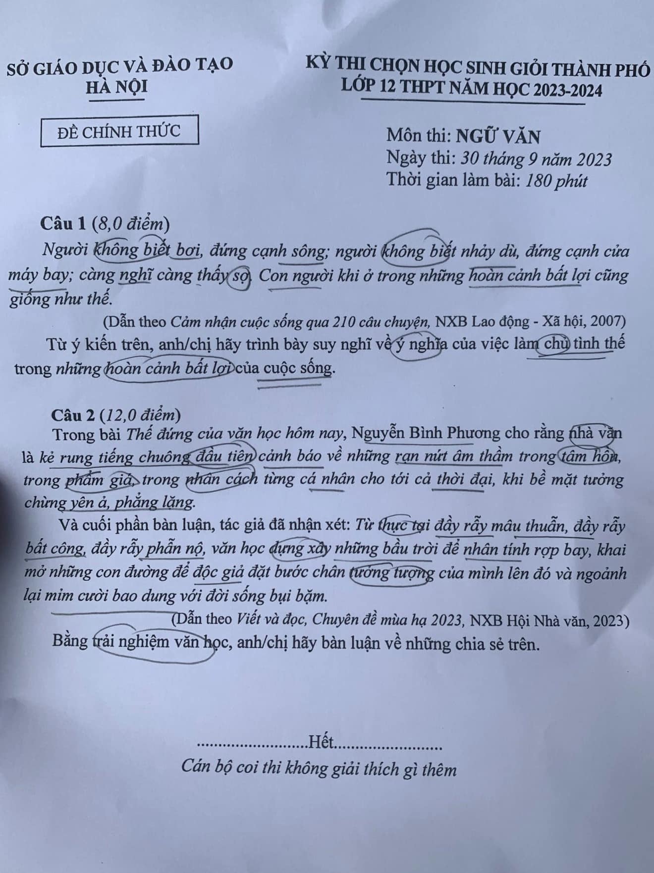 Đề thi học sinh giỏi Văn lớp 12 ở Hà Nội được khen ngợi &quot;khiến học sinh hứng thú&quot; - Ảnh 1.