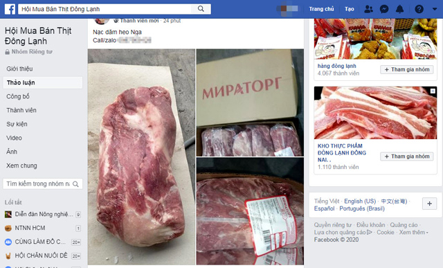 Nhiều hội nhóm rao bán thịt đông lạnh trên mạng xã hội facebook. Ảnh: T.L