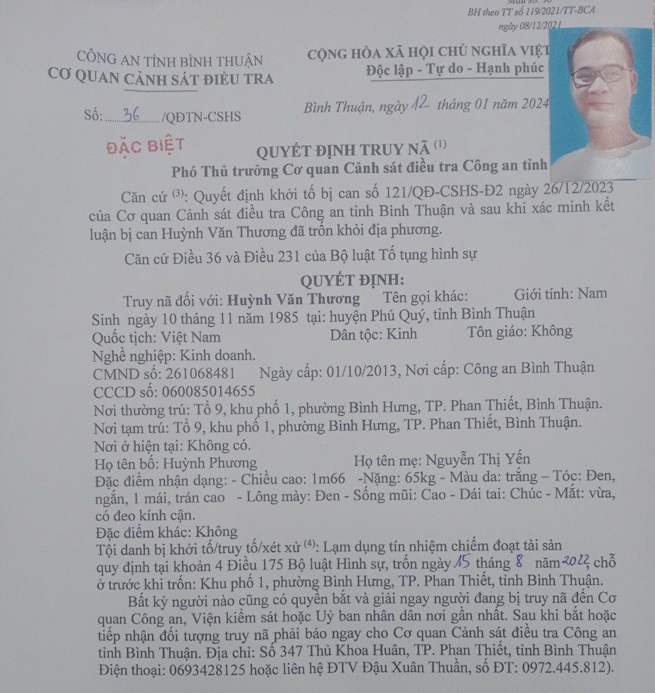 Công an Bình Thuận ra quyết định truy nã đặc biệt một đối tượng chiếm đoạt tài sản- Ảnh 2.