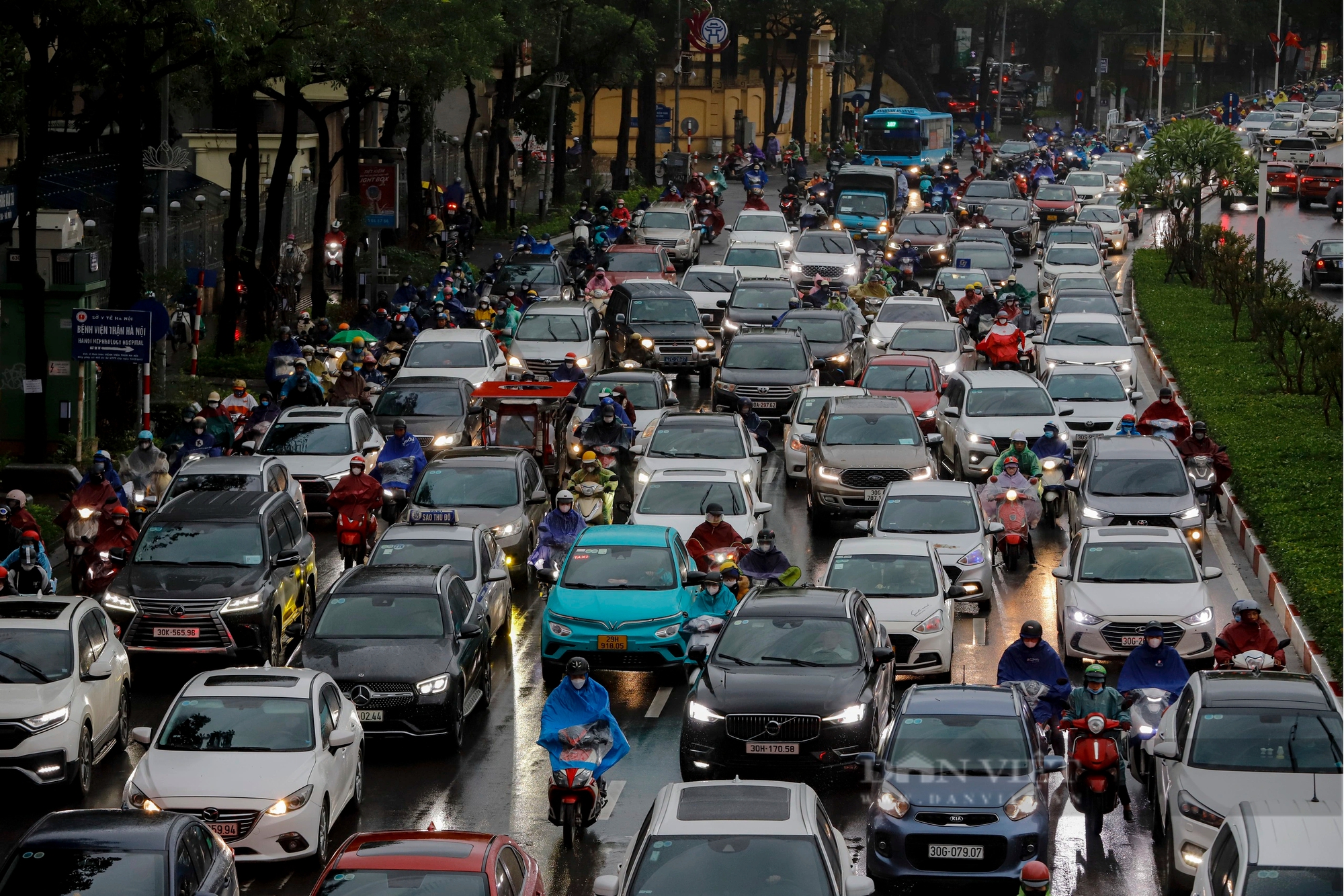 Nhiệt độ tại Hà Nội "giảm sốc", người dân chật vật đi làm trong cảnh mưa rét, tắc đường- Ảnh 1.