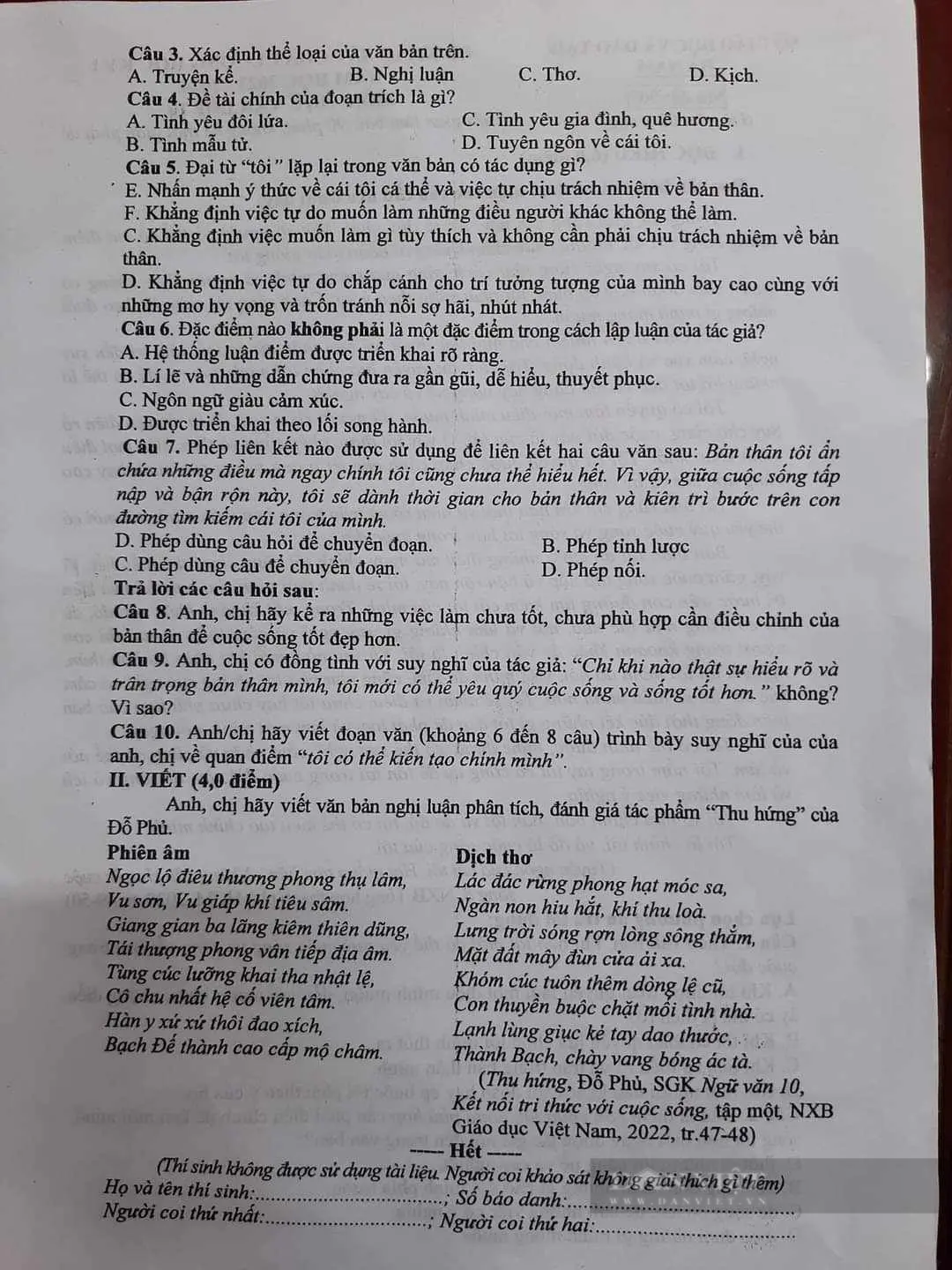 Đề thi Văn cuối học kỳ 1 lớp 6 và lớp 10 ở Hà Nam đều gây chú ý- Ảnh 4.