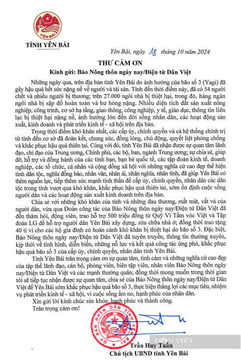 Yên Bái gửi thư cảm ơn báo Dân Việt đã đồng hành hỗ trợ người dân vượt qua khó khăn do bão số 3 - Ảnh 1.