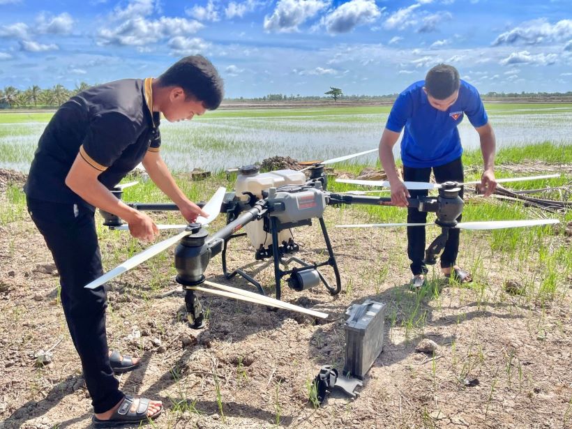 Điều khiển máy bay không người lái vèo vèo trên cánh đồng không dấu chân, dân nơi này ở Long An kiếm bộn tiền - Ảnh 2.