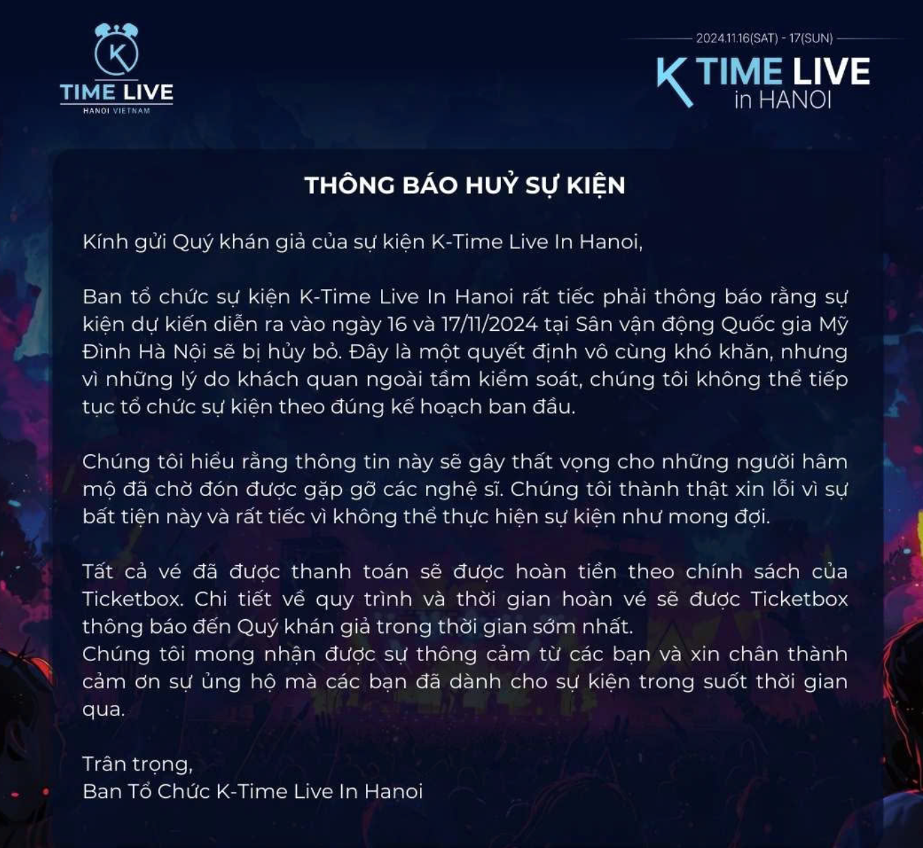 Đêm nhạc quy tụ hàng loạt thần tượng Hàn Quốc tại Hà Nội thông báo hủy diễn, hoàn tiền vé- Ảnh 2.