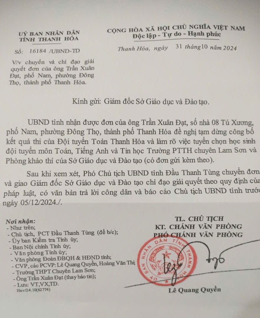 Công dân đề nghị tạm dừng công bố kết quả thi Đội tuyển Toán, Phó chủ tịch tỉnh yêu cầu trả lời- Ảnh 1.