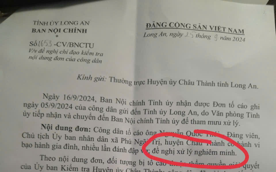 Long An: UBKT Huyện ủy Châu Thành trả lời đơn tố cáo Chủ tịch UBND xã nhiều lần bạo hành vợ- Ảnh 4.