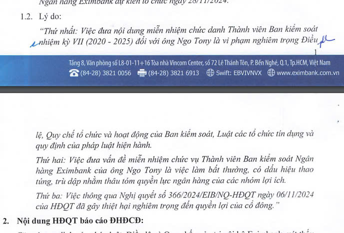 Xuất hiện nhóm cổ đông đề xuất bỏ nội dung miễn nhiệm ông Ngo Tony tại ĐHĐCĐ bất thường: Eximbank nói gì?- Ảnh 1.