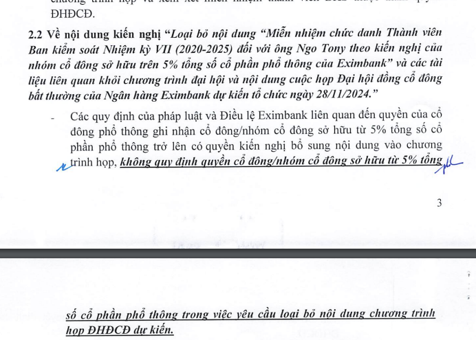 Xuất hiện nhóm cổ đông đề xuất bỏ nội dung miễn nhiệm ông Ngo Tony tại ĐHĐCĐ bất thường: Eximbank nói gì?- Ảnh 2.