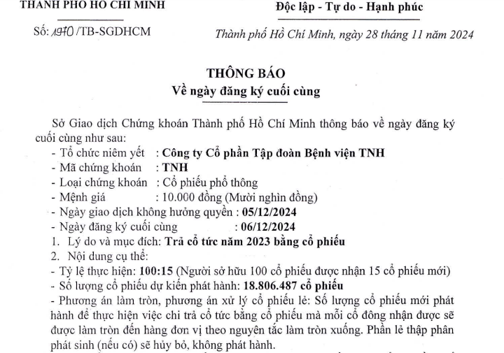 Bệnh viện TNH chốt trả cổ tức bằng cổ phiếu 15%- Ảnh 1.