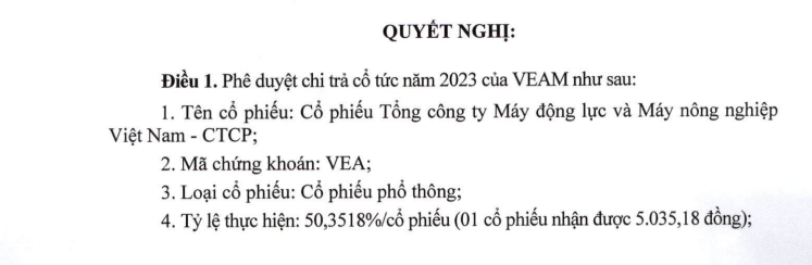 VEAM chốt ngày trả cổ tức năm 2023 bằng tiền, tỷ lệ 50,35% - Ảnh 1.