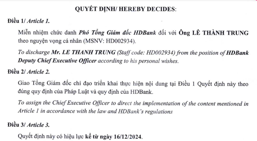 HDBank miễn nhiệm Phó Tổng giám đốc, Phó Chủ tịch Hội đồng Quản trị - Ảnh 1.