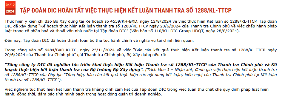 Tập đoàn DIC thông tin về thủ tục hành chính và nghĩa vụ tài chính liên quan kết luận thanh tra - Ảnh 1.