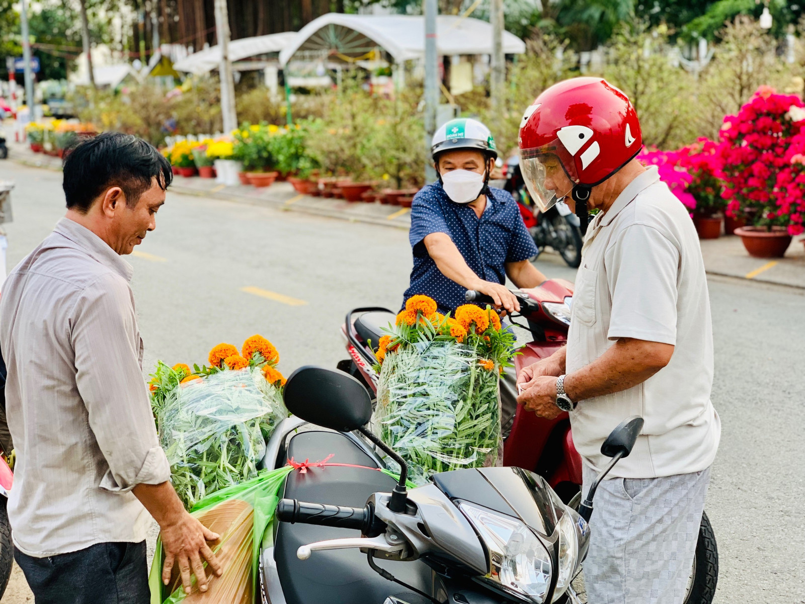 Chợ tết bên hè phố Bình Dương, chậu quất hình rồng, cây hoa giấy "trộn" nhiều màu sắc hút người xem- Ảnh 8.