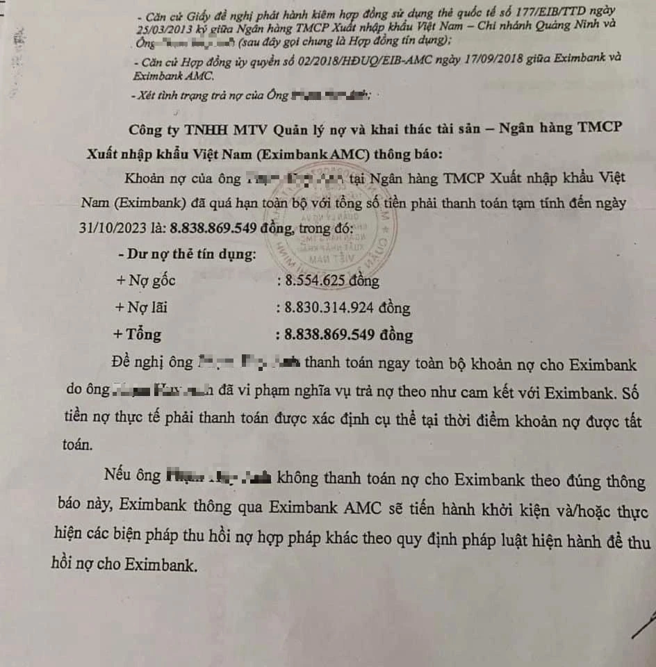 Vụ "Công văn nhắc nợ quá hạn 8,8 tỷ đồng": Khách hàng nói không tiêu số tiền 8,5 triệu đồng trong thẻ tín dụng- Ảnh 1.