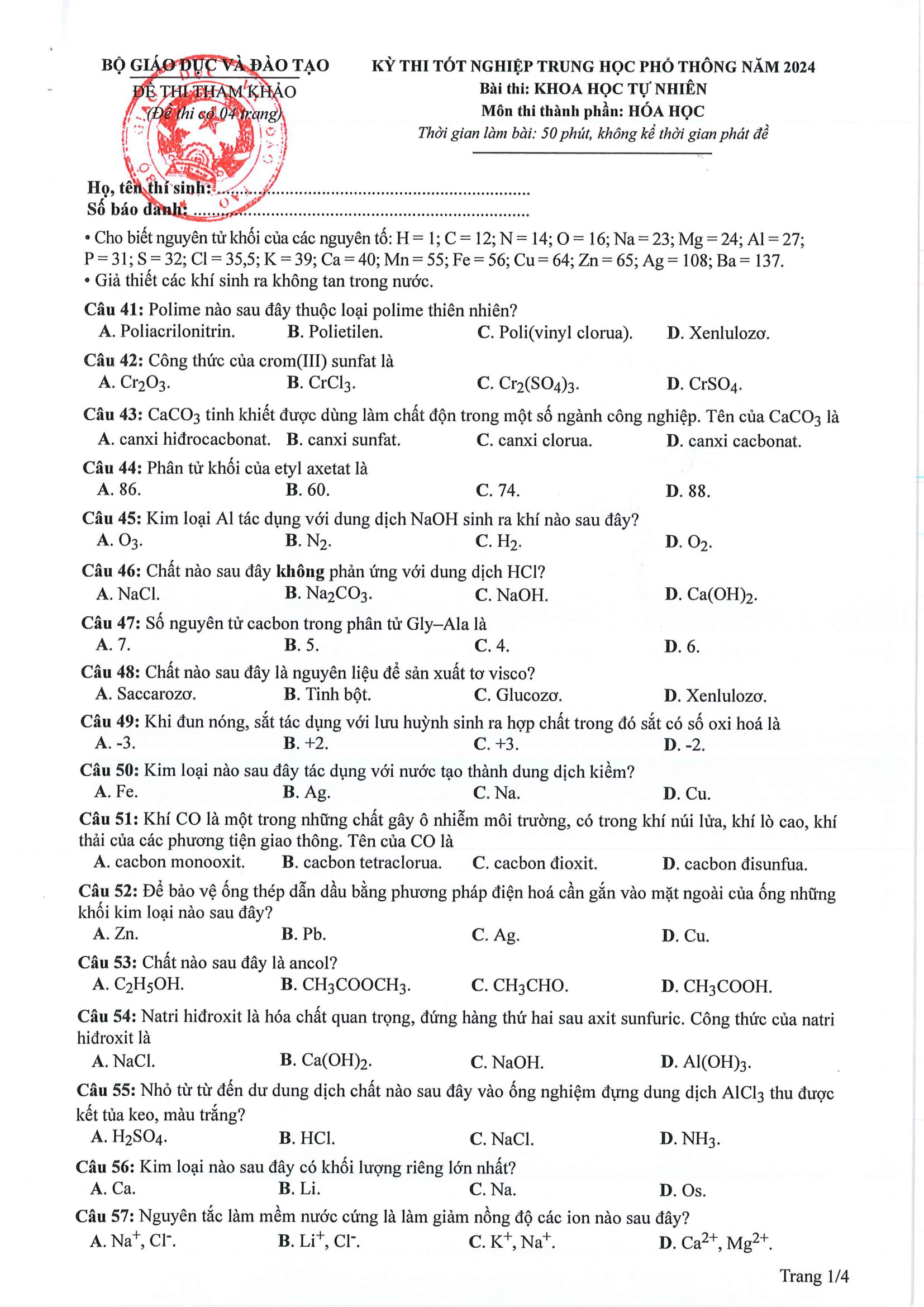 Đề minh hoạ môn Hóa học tốt nghiệp THPT 2024 và gợi ý đáp án - Ảnh 1.