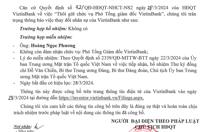 Ông Hoàng Ngọc Phương thôi chức Phó Tổng Giám đốc VietinBank- Ảnh 1.