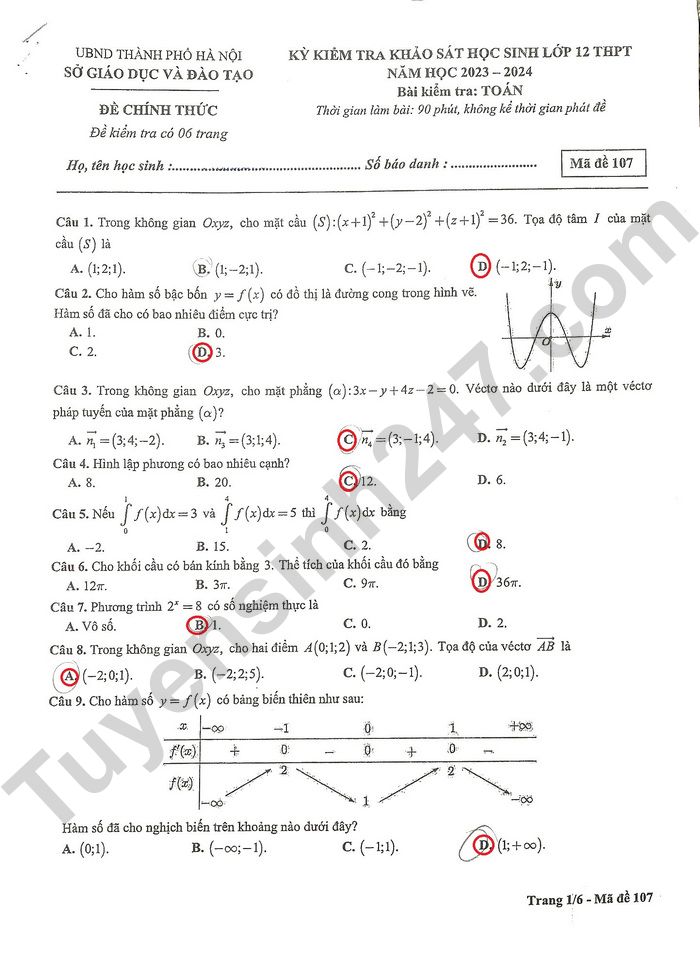 Gợi ý đáp án đề thi thử môn Toán Hà Nội tốt nghiệp THPT 2024 full mã đề- Ảnh 14.