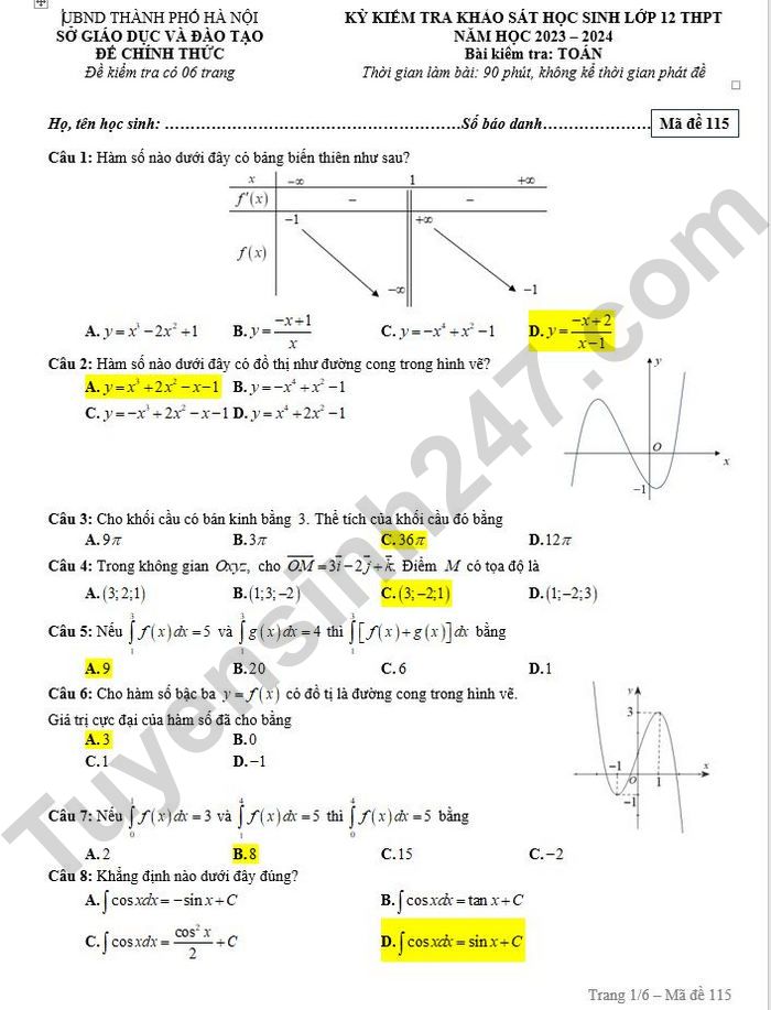 Gợi ý đáp án đề thi thử môn Toán Hà Nội tốt nghiệp THPT 2024 full mã đề- Ảnh 8.