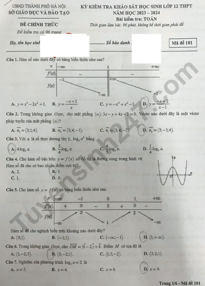 Gợi ý đáp án đề thi thử môn Toán Hà Nội tốt nghiệp THPT 2024 full mã đề- Ảnh 2.