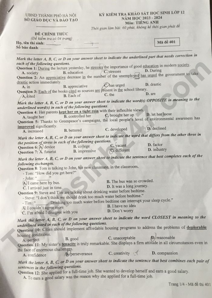 Gợi ý đáp án đề thi thử môn tiếng Anh Hà Nội tốt nghiệp THPT 2024 full mã đề- Ảnh 2.