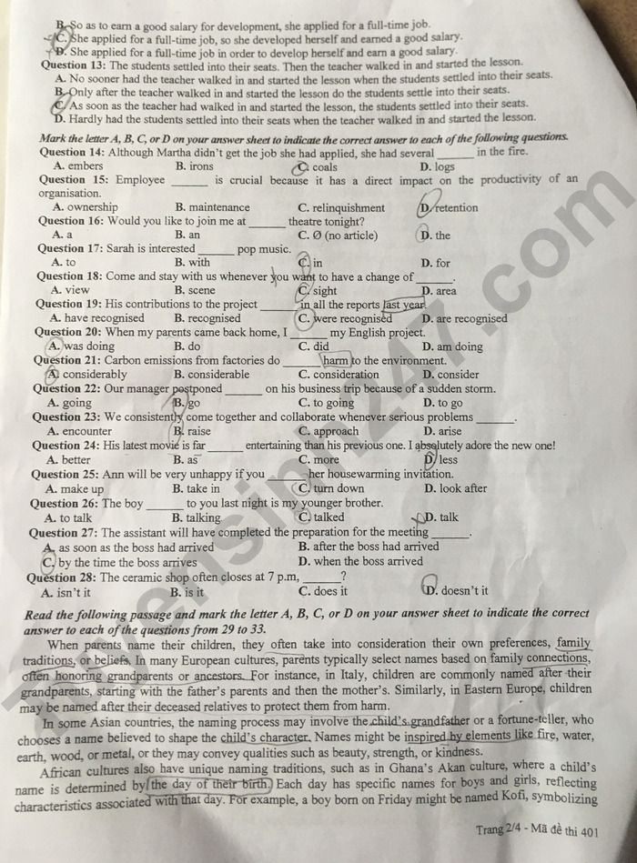 Gợi ý đáp án đề thi thử môn tiếng Anh Hà Nội tốt nghiệp THPT 2024 full mã đề- Ảnh 3.