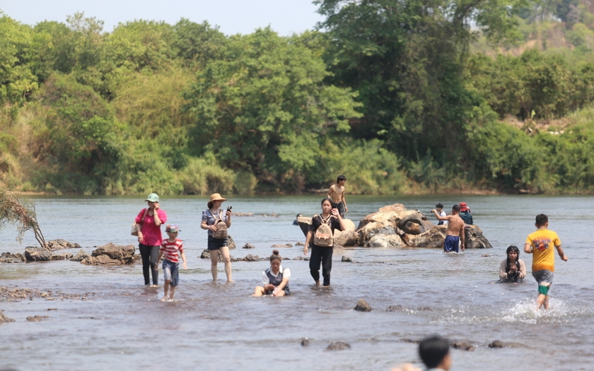 Ở dòng sông nổi tiếng Gia Lai, dân tình nườm nượp lội nước, ra một hòn đảo đốt củi nướng gà