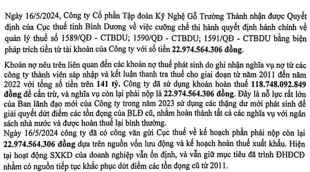 Gỗ Trường Thành (TTF) lý giải về việc bị cưỡng chế thuế gần 23 tỷ đồng- Ảnh 1.