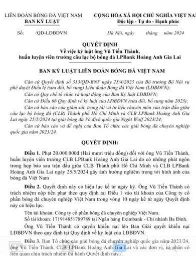 Chỉ trích trọng tài, quan chức VFF, VPF, HLV Vũ Tiến Thành bị phạt 20 triệu đồng!- Ảnh 3.