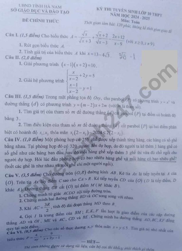 Đề thi môn Toán vào lớp 10 năm 2024 của Hà Nam có gợi ý đáp án- Ảnh 2.