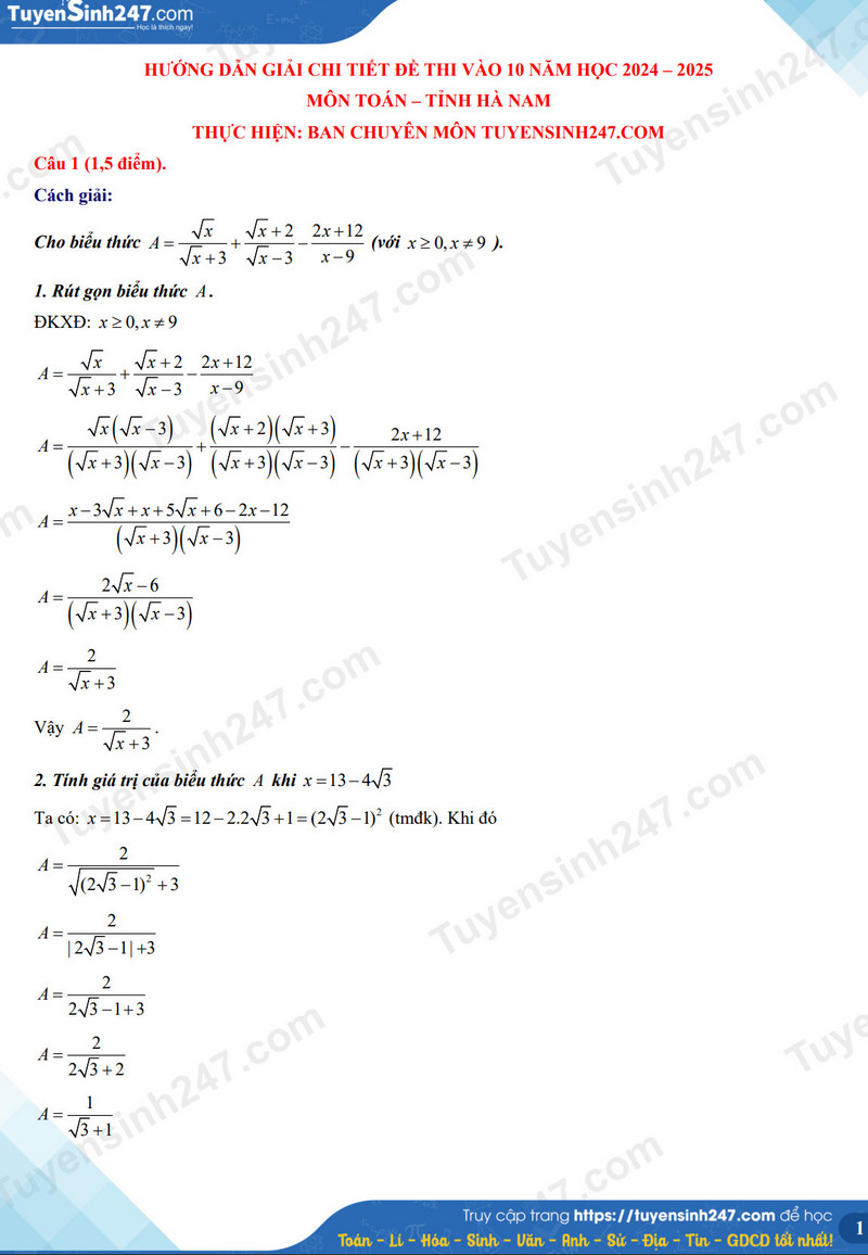 Đề thi môn Toán vào lớp 10 năm 2024 của Hà Nam có gợi ý đáp án- Ảnh 3.
