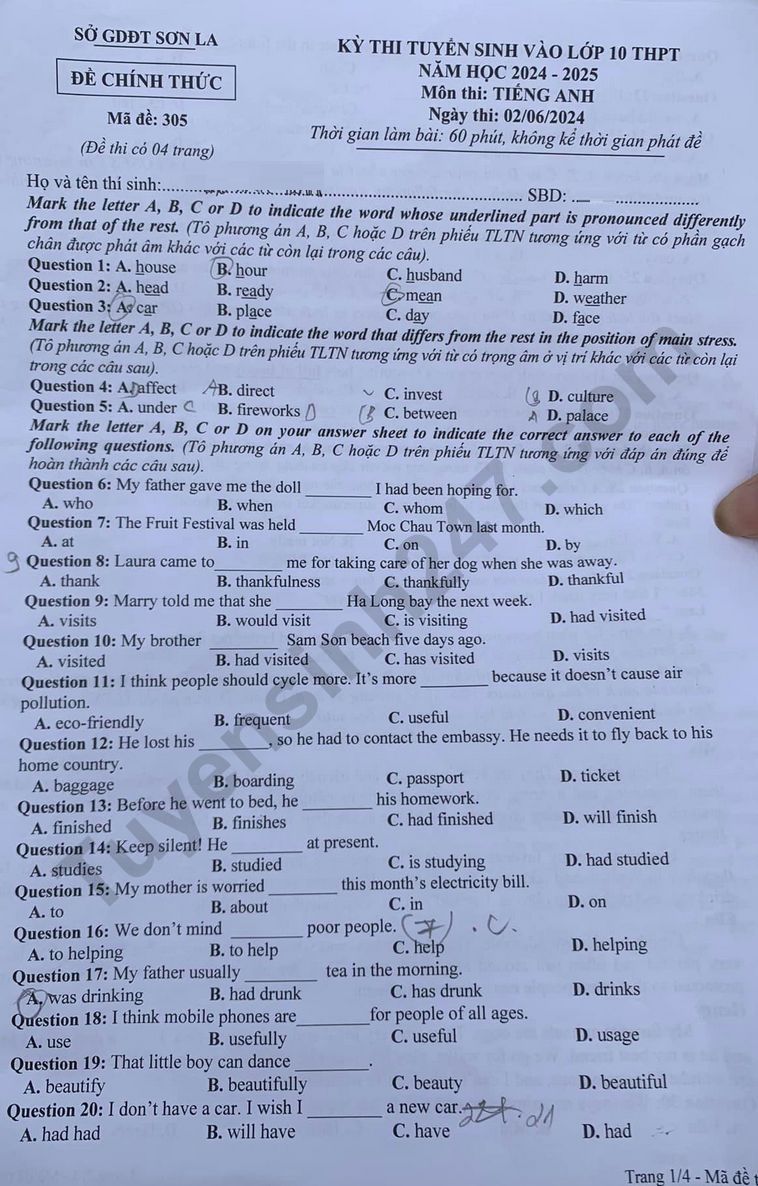 Đề thi môn Tiếng Anh vào lớp 10 năm 2024 của Sơn La có gợi ý đáp án- Ảnh 1.