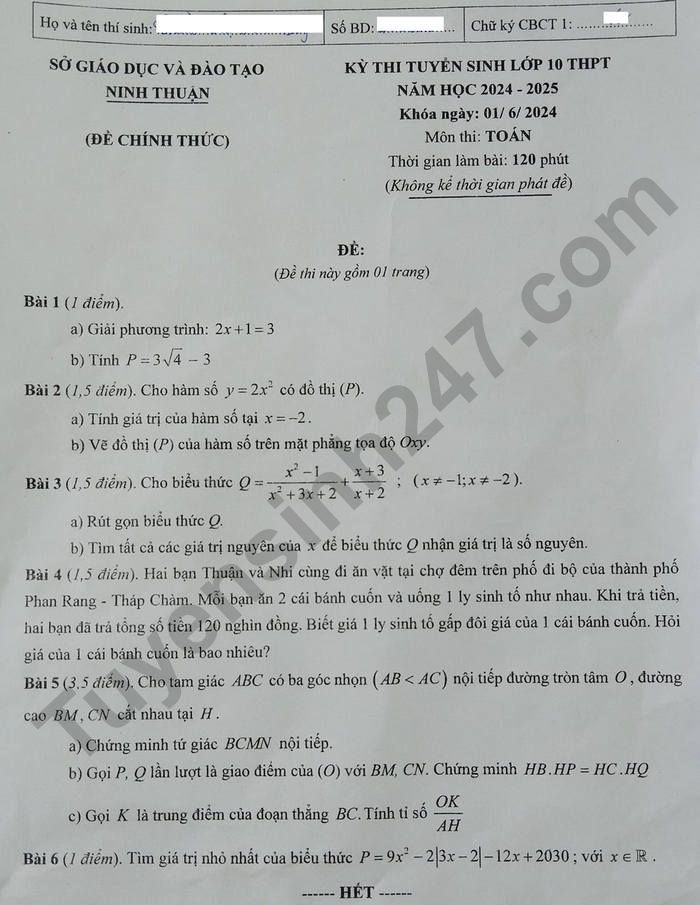 Đề thi môn Toán vào lớp 10 năm 2024 của Ninh Thuận có gợi ý đáp án- Ảnh 1.