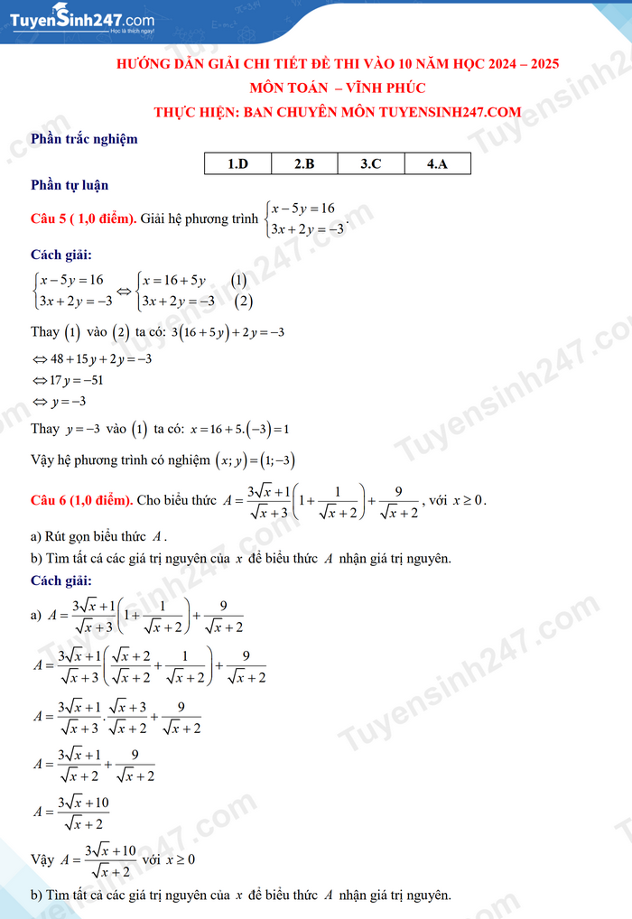 Đề thi môn Toán vào lớp 10 năm 2024 của Vĩnh Phúc có gợi ý đáp án- Ảnh 3.